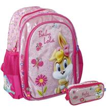 Kit Mochila Escolar Looney Tunes Infantil Costas Tam M Rosa Com Estojo Duplo