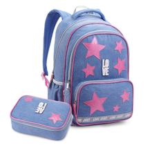 Kit Mochila Escolar Love com Estojo Box Azul Claro Estrelas Material Divisórias com Pompom Colorido Kit Mochila Escolar Love com Estojo Box Azul Claro Estrelas Material Divisórias com Pompom Colorido