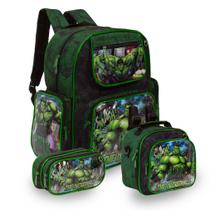 Kit Mochila Escolar Masculina Grande Hulk Costas 3 Peças