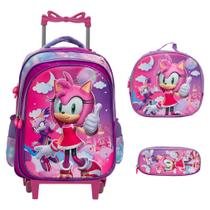 Kit Mochila Escolar Menina Amy Rose Sonic 3D Rodinhas Tam G Kit Mochila Escolar Menina Amy Rose Sonic 3D Rodinhas Tam G