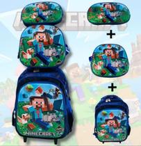 Kit Mochila Escolar Minecraft Com Rodinhas Lancheira Termica, Estojo Menino Jogo Steve Kit Mochila Escolar Minecraft Com Rodinhas Lancheira Termica, Estojo Menino Jogo Steve