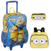 Kit Mochila Escolar Minions Infantil Tam G Rodinha Meninos Lancheira Estojo Duplo