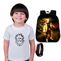 Kit Mochila Escolar Naruto + Camiseta Anime + Relógio Digital