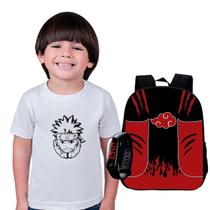 Kit Mochila Escolar Naruto + Camiseta Anime + Relógio Digital