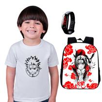 Kit Mochila Escolar Naruto + Camiseta Anime + Relógio Digital