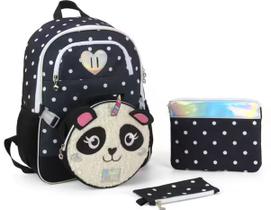 Kit Mochila Escolar Panda Lancheira + Estojo