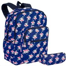 Kit Mochila Escolar Paul Frank Costas Macaquinho Juvenil Infantil Tam G Estojo