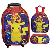 Kit Mochila Escolar Pikachu, Pokemon Com Rodinhas, Lancheira e Estojo