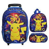 Kit Mochila Escolar Pokemon, Pikachu Com Rodinhas, Lancheira e Estojo