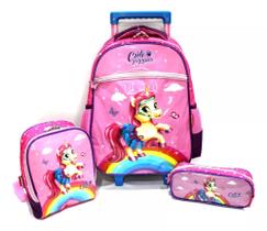 Kit Mochila Escolar Poney Arco Íris Rodinha Meninas Tam G
