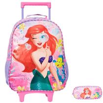 Kit Mochila Escolar Princesa Ariel Rodinha Tam G Com Estojo