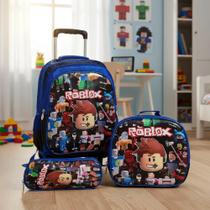 Kit Mochila Escolar Roblox 3d Rodinhas Lancheira Estojo Reforçada Tam G Cabe Tudo