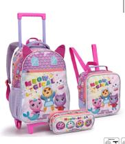 Kit Mochila Escolar Rodinda + Lancheira+ Estojo Gato Cat Meow Gical Doll House Infantil Menina