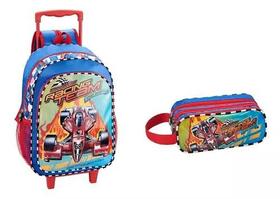 Kit Mochila Escolar Rodinha Carro De Corrida Stock Car + Estojo Kit Mochila Escolar Rodinha Carro De Corrida Stock Car + Estojo