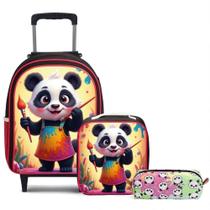 Kit Mochila Escolar Rodinha Completo Menina Panda com Estojo e Lancheira Térmica