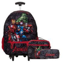 Kit Mochila Escolar Rodinha Estampa Vingadores Preta 3 Peças