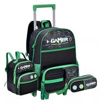 Kit Mochila Escolar Rodinha Gamer Lancheira Estojo Preto