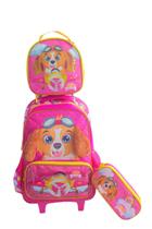 Kit Mochila Escolar Rodinha Menina Cachorrinho Rosa Infantil