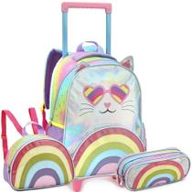 Kit Mochila Escolar Rodinha Menina Infantil Gatinha Denlex