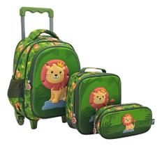 Kit Mochila Escolar Rodinhas E Costas Meninos 3D Leãozinho Tamanho P