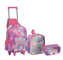 Kit Mochila Escolar Rodinhas Infantil Arco Iris Brilho Lancheira Térmica Estojo