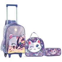 Kit Mochila Escolar Rodinhas Infantil Menina Gatinha Brilho