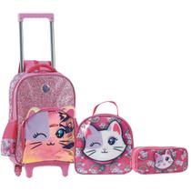 Kit Mochila Escolar Rodinhas Infantil Menina Gatinha Brilho