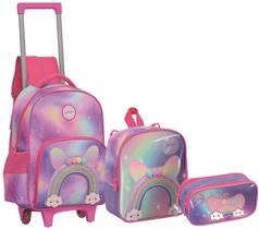 Kit Mochila Escolar Rodinhas Infantil Meninas Arco-íris Grande