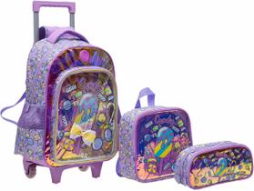 Kit Mochila Escolar Rodinhas Infantil Meninas Picolé Candy Grande