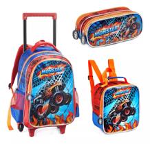 Kit Mochila Escolar Rodinhas Lancheira Estojo Carro Monster Cor Azul
