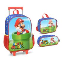 Kit Mochila Escolar Rodinhas + Lancheira + Estojo Super Mário Kit Mochila Escolar Rodinhas + Lancheira + Estojo Super Mário