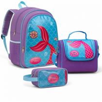 Kit Mochila Escolar Sereia Juvenil Infantil Feminino + Lancheira Transversal + Estojo Duplo Menina Cristal