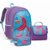 Kit Mochila Escolar Sereia Juvenil Infantil Feminino + Lancheira Transversal + Estojo Duplo Menina Cristal