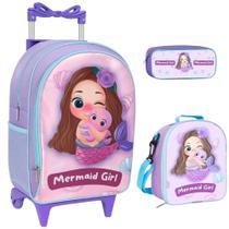 Kit Mochila Escolar Sereia Rodinha Infantil Menina Feminina com Lancheira Térmica