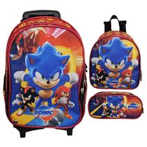 Kit Mochila Escolar Sonic 3 Com Rodinhas, Lancheira e Estojo