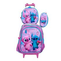 Kit Mochila Escolar Stitch em 3D com Rodinhas + Lancheira Térmica + Estojo Escolar