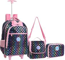 Kit Mochila Escolar Trolley Rodinha Juvenil Preta Rosa Tam G