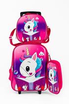 Kit Mochila Escolar Unicórnio com Rodinhas + Estojo + Lancheira Térmica