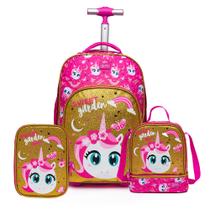 Kit Mochila Escolar Unicórnio menina Espaçosa Rodinhas Resistente