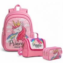 Kit Mochila Escolar Unicórnio Princesa Juvenil Infantil Feminino + Lancheira Transversal + Estojo Duplo Menina Cristal