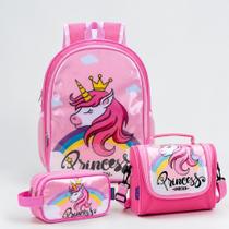 Kit Mochila Escolar Unicórnio Princesa Juvenil Infantil Feminino + Lancheira Transversal + Estojo Duplo Menina Cristal Kit Mochila Escolar Unicórnio Princesa Juvenil Infantil Feminino + Lancheira Transversal + Estojo Duplo Menina Cristal