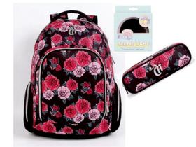 Kit Mochila + Estojo Duplo Capricho Girl Gang Flores Preta REF: 11322 E 11326 DMW