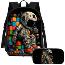 Kit Mochila + Estojo Infantil Escolar Zíper Astronauta