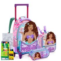 Kit Mochila Estojo Lancheira Infantil Rodinhas Meninas Princesa Sereia Glitter Holográfica Mermaid