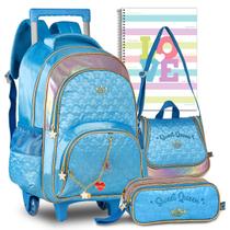 Kit Mochila Estojo Lancheira Infantil Sweet Queen Feminina Escolar Carrinho