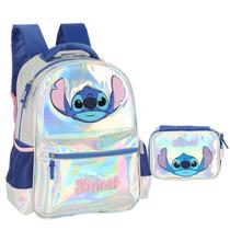 Kit Mochila + Estojo Stitch Juvenil Universitária Escolar Prata Holográfica Feminina