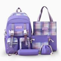 Kit Mochila Feminina 5 Peças Moderna Xadrez Escolar Faculdade Viagem Durável