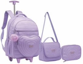 Kit Mochila Feminina De Rodinha Coração Juvenil Escolar Com Chaveiro