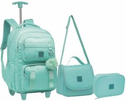 Kit Mochila Feminina De Rodinha Juvenil Escolar Com Chaveiro Abertura 180