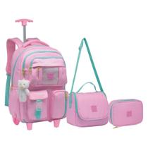 Kit Mochila Feminina De Rodinha Juvenil Escolar Com Chaveiro Urso Abertura 180